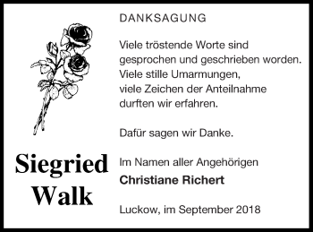 Traueranzeige von Siegried Walk von Pasewalker Zeitung