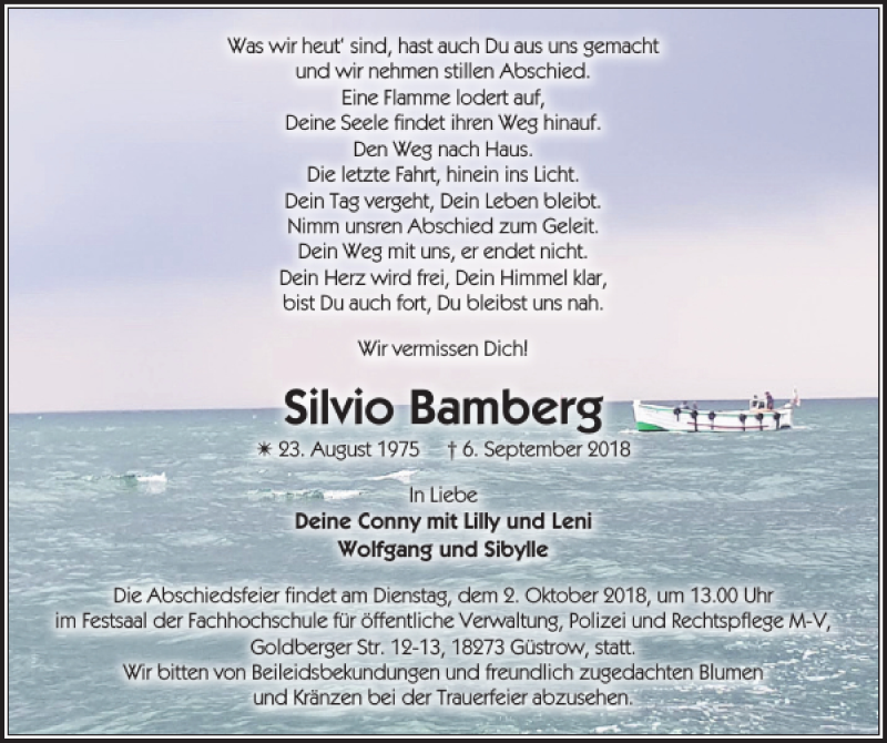  Traueranzeige für Silvio Bamberg vom 15.09.2018 aus Zeitung für die Landeshauptstadt