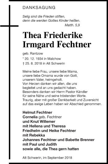 Traueranzeige von Thea Friederike Irmgard Fechtner von Müritz-Zeitung