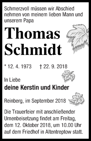 Traueranzeige von Thomas Schmidt von Neubrandenburger Zeitung