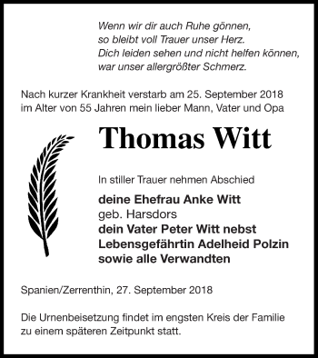 Traueranzeige von Thomas Witt von Pasewalker Zeitung