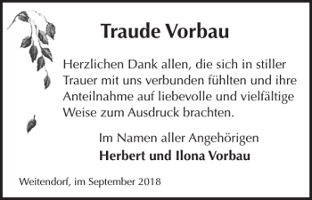 Traueranzeige von Traude Vorbau von Anzeiger für Sternberg - Brüel - Warin