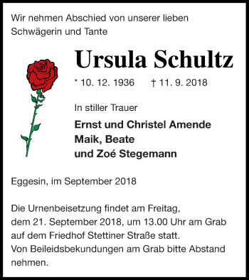 Traueranzeige von Ursula Schultz von Haff-Zeitung