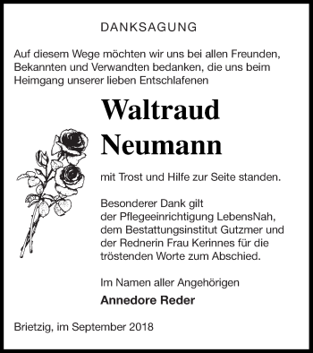 Traueranzeige von Waltraud Neumann von Pasewalker Zeitung