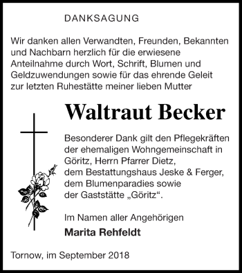 Traueranzeige von Waltraut Becker von Prenzlauer Zeitung