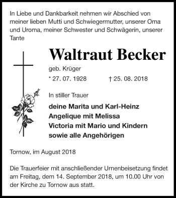 Traueranzeige von Waltraut Becker von Prenzlauer Zeitung