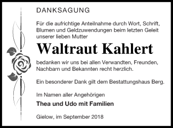 Traueranzeige von Waltraut Kahlert von Mecklenburger Schweiz