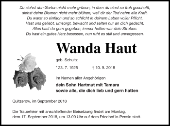 Traueranzeige von Wanda Haut von Demminer Zeitung