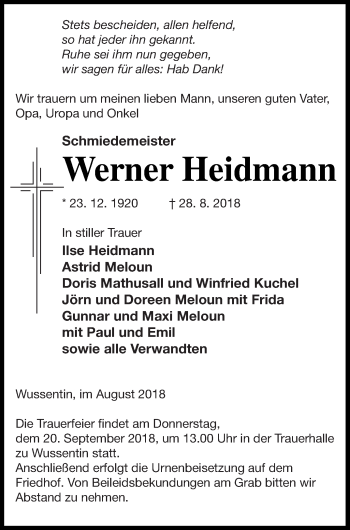 Traueranzeige von Werner Heidmann von Vorpommern Kurier