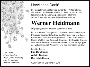 Traueranzeige von Werner Heidmann von Vorpommern Kurier