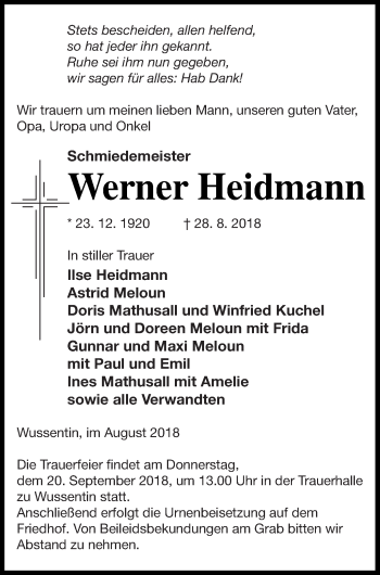 Traueranzeige von Werner Heidmann von Vorpommern Kurier