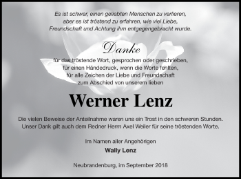 Traueranzeige von Werner Lenz von Neubrandenburger Zeitung