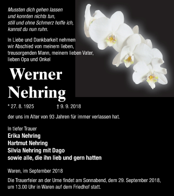 Traueranzeige von Werner Nehring von Müritz-Zeitung