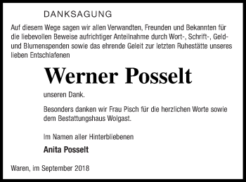 Traueranzeige von Werner Posselt von Müritz-Zeitung