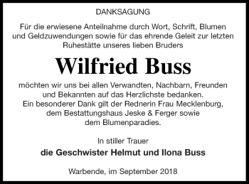 Traueranzeige von Wilfried Buss von Prenzlauer Zeitung