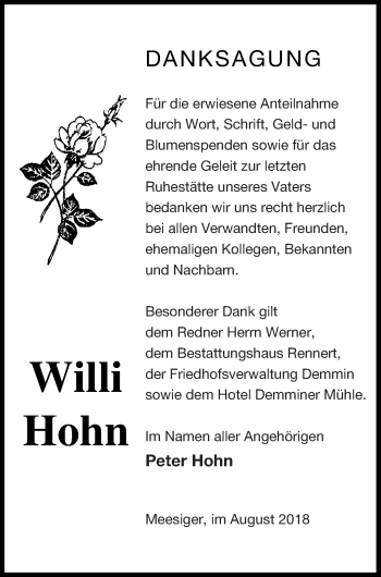 Traueranzeige von Willi Hohn von Demminer Zeitung