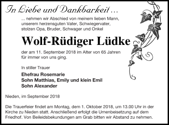 Traueranzeige von Wolf-Rüdiger Lüdke von Pasewalker Zeitung