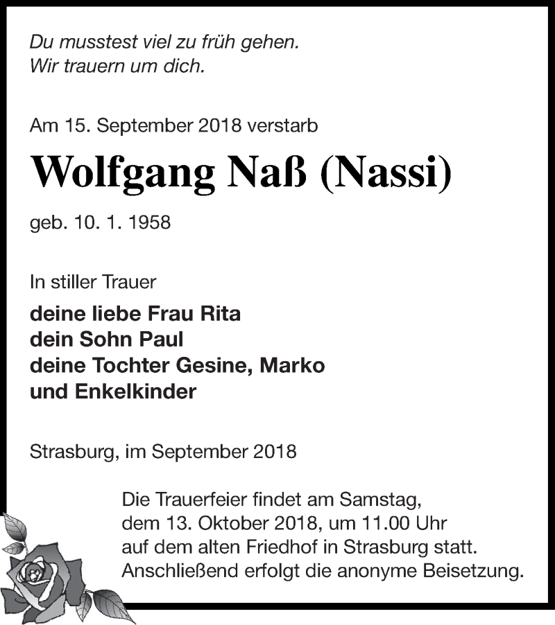  Traueranzeige für Wolfgang Naß vom 21.09.2018 aus Pasewalker Zeitung