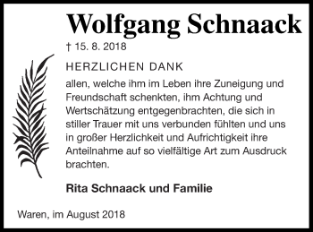 Traueranzeige von Wolfgang Schnaack von Müritz-Zeitung