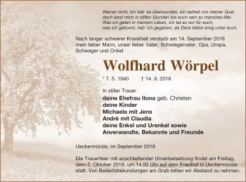 Traueranzeige von Wolfhard Wörpel von Haff-Zeitung