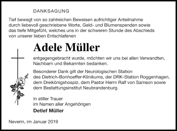 Traueranzeige von Adele Müller von Neubrandenburger Zeitung