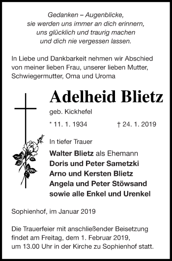 Traueranzeige von Adelheid Blietz von Vorpommern Kurier