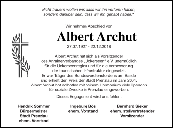 Traueranzeige von Albert Archut von Prenzlauer Zeitung