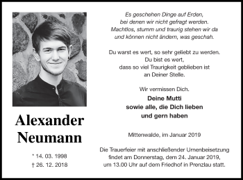 Traueranzeige von Alexander Neumann von Prenzlauer Zeitung