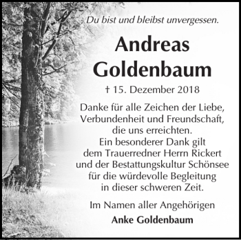 Traueranzeige von Andreas Goldenbaum von Zeitung für die Landeshauptstadt