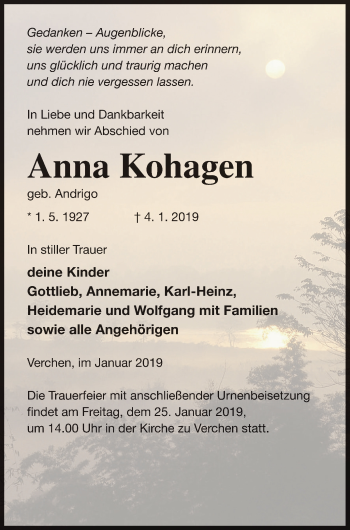 Traueranzeige von Anna Kohagen von Demminer Zeitung