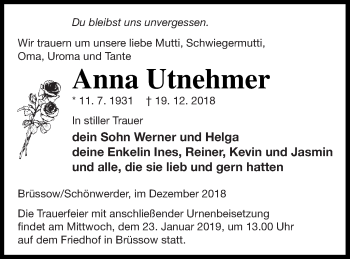 Traueranzeige von Anna Utnehmer von Prenzlauer Zeitung