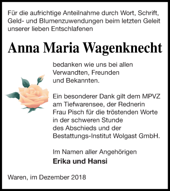 Traueranzeige von Anna Maria Wagenknecht von Müritz-Zeitung
