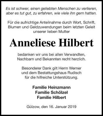 Traueranzeige von Anneliese Hilbert von Mecklenburger Schweiz