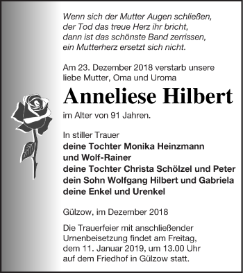 Traueranzeige von Anneliese Hilbert von Mecklenburger Schweiz