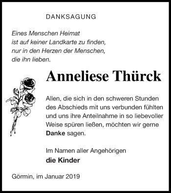 Traueranzeige von Anneliese Thürck von Vorpommern Kurier