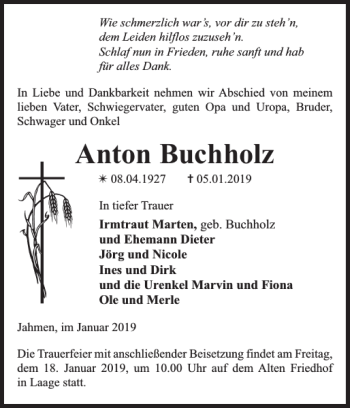 Traueranzeige von Anton Buchholz von Güstrower Anzeiger