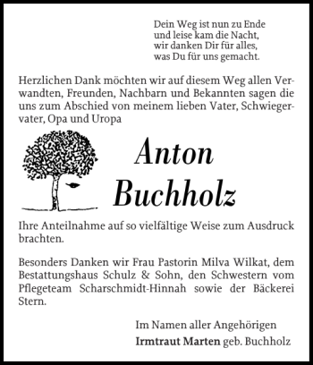 Traueranzeige von Anton Buchholz von Güstrower Anzeiger