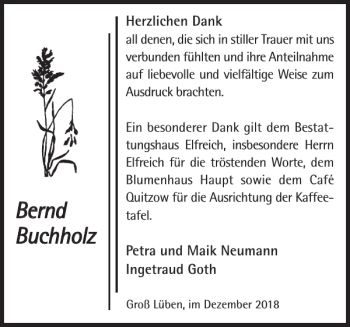 Traueranzeige von Bernd Buchholz von Der Prignitzer