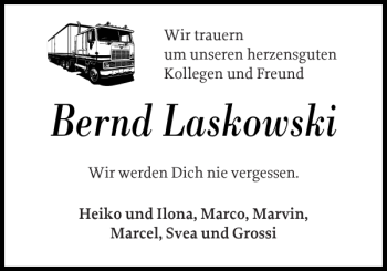 Traueranzeige von Bernd Laskowski von Hagenower Kreisblatt