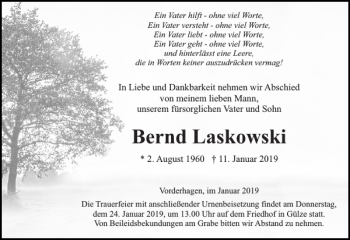 Traueranzeige von Bernd Laskowski von Hagenower Kreisblatt