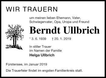 Traueranzeige von Berndt Ullbrich von Strelitzer Zeitung