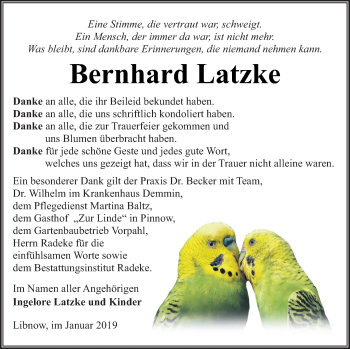 Traueranzeige von Bernhard Latzke von Vorpommern Kurier