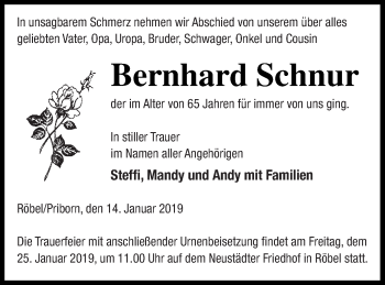 Traueranzeige von Bernhard Schnur von Müritz-Zeitung