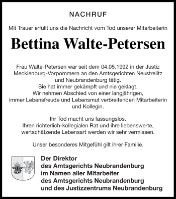 Traueranzeige von Bettina Walte-Petersen von Neubrandenburger Zeitung