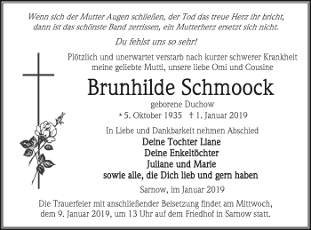 Traueranzeige von Brunhilde Schmook von Vorpommern Kurier