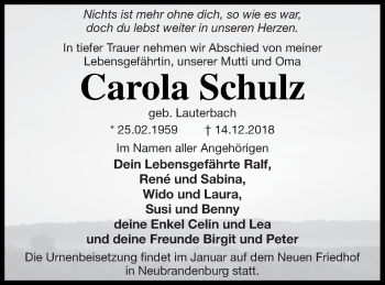 Traueranzeige von Carola Schulz von Neubrandenburger Zeitung