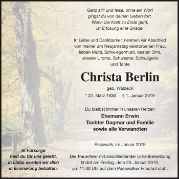 Traueranzeige von Christa Berlin von Pasewalker Zeitung