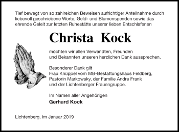 Traueranzeige von Christa Kock von Strelitzer Zeitung