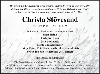 Traueranzeige von Christa Stövesand von Strelitzer Zeitung