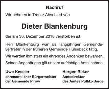 Traueranzeige von Dieter Blankenburg von Der Prignitzer